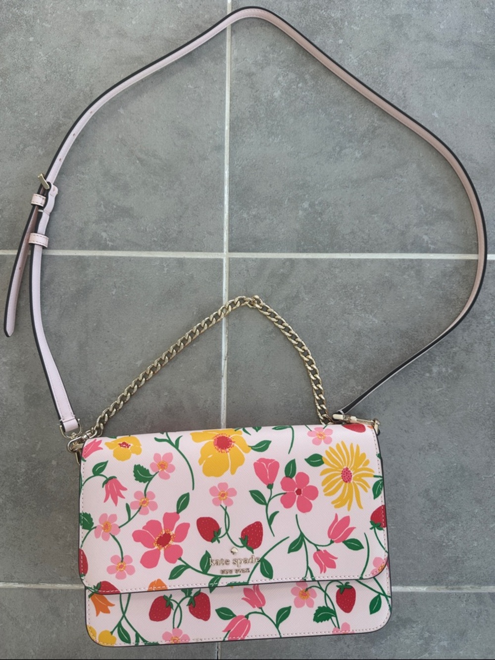 kate spade Pink Floral Leather Crossbody with Gold Chain